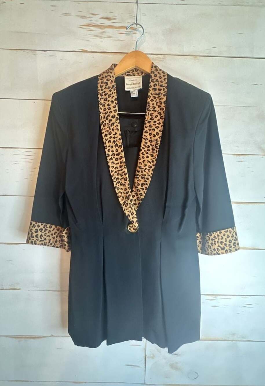 Joseph Ribkoff Vintage Black Blazer with Leopard Print Lapel and Cuffs Size 8